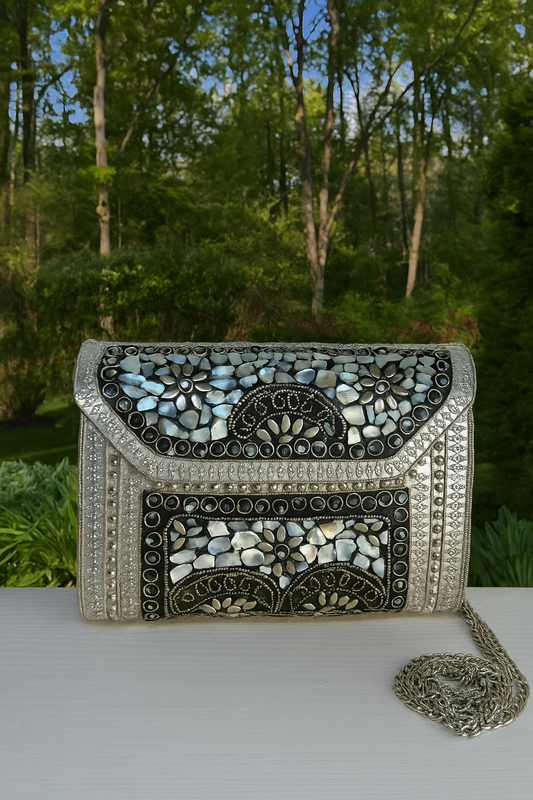Handcrafted Silver Mosaic Clutch Bag – Elegant Mother of Pearl Detailing