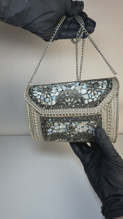 Handcrafted Silver Mosaic Clutch Bag – Elegant Mother of Pearl Detailing